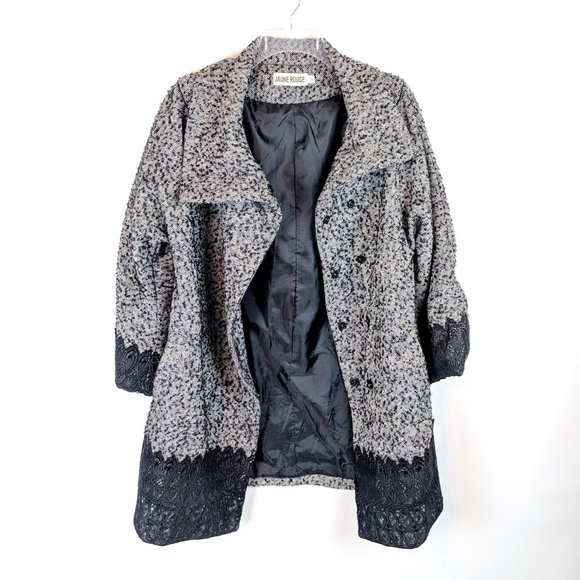 JAUNE ROUGE Black & White Nubby Tweed Snap Coat with Lace Trim Size M - Picture 6 of 7